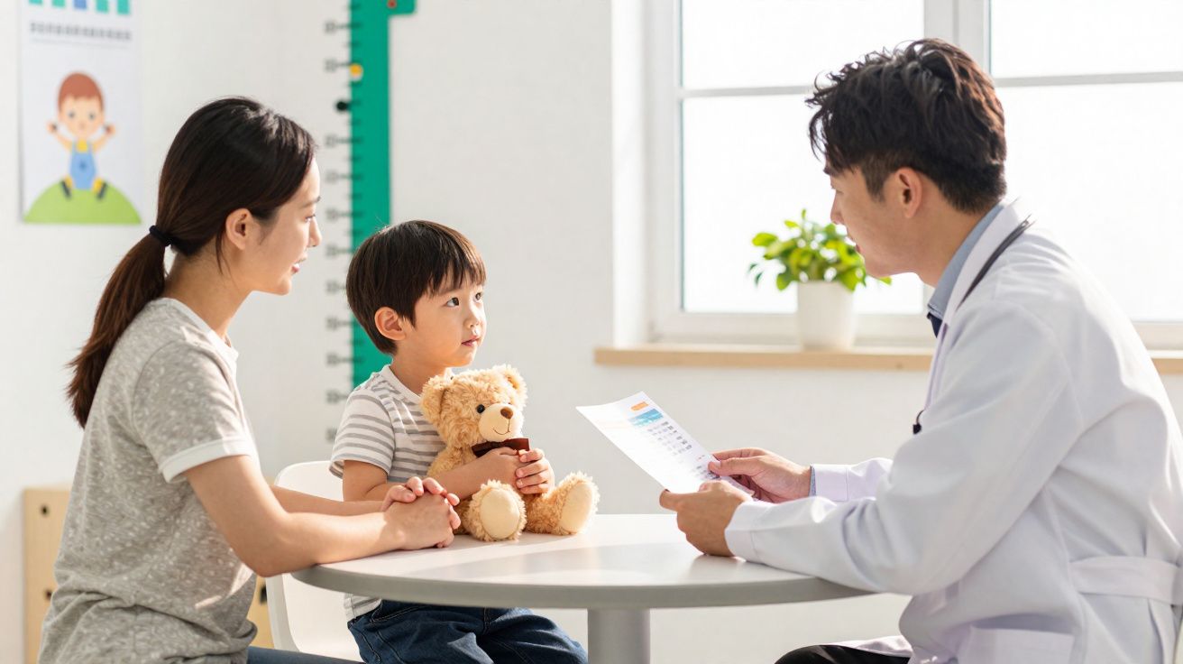 Criança com ursinho e mãe em consulta médica com pediatra numa clínica iluminada, sentados à mesa.
