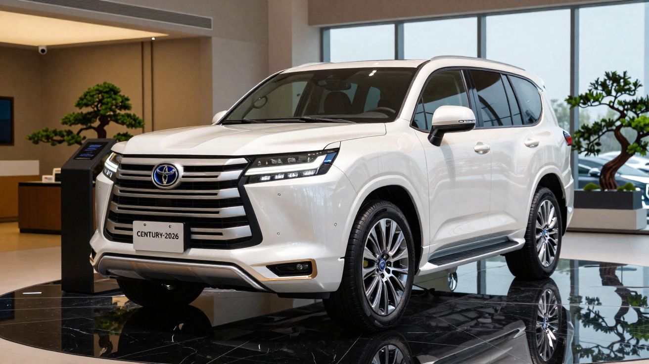 Carro SUV branco Toyota Century 2026 apresentado numa exposição interior moderna