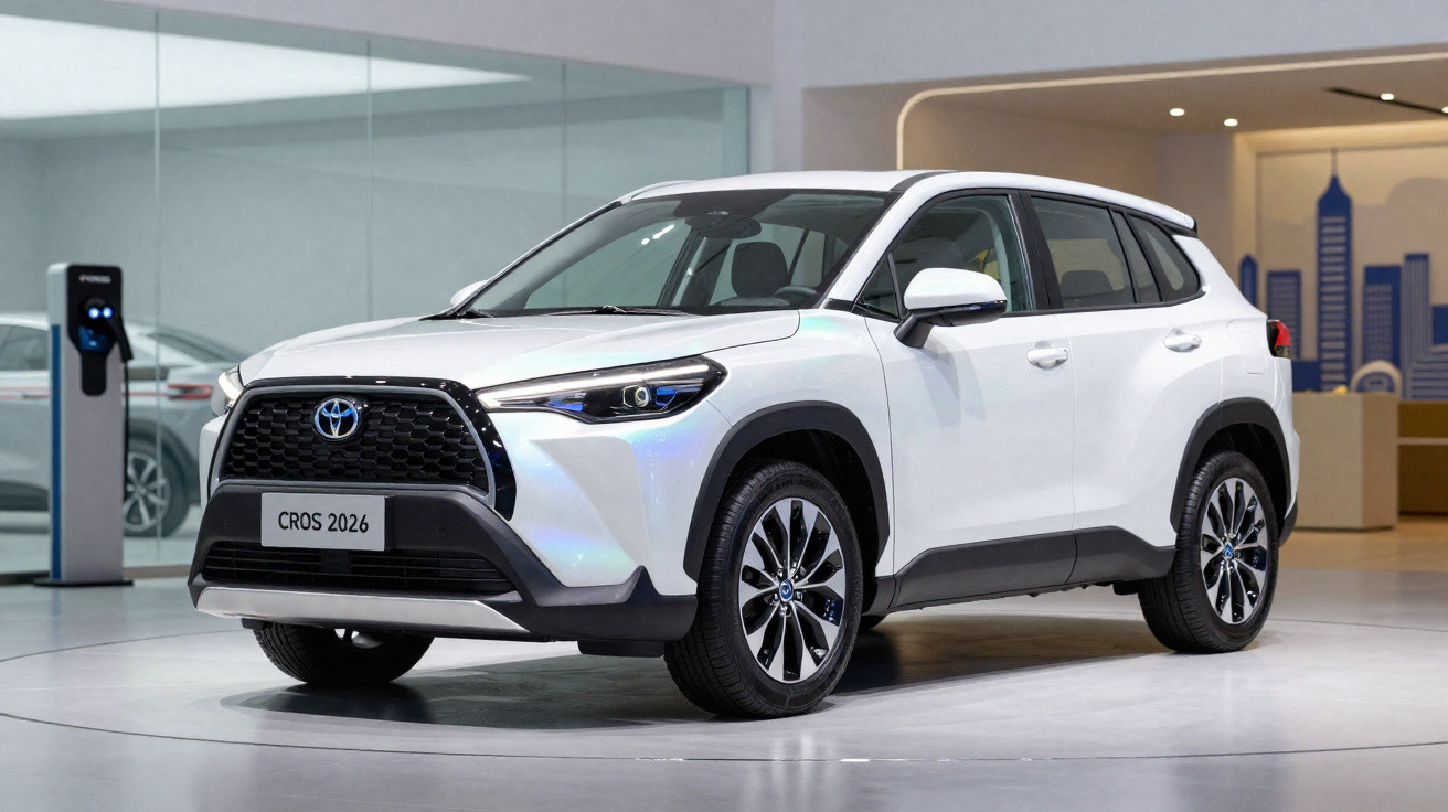 Carro SUV Toyota CROS 2026 branco estacionado num salão de exposições moderno.