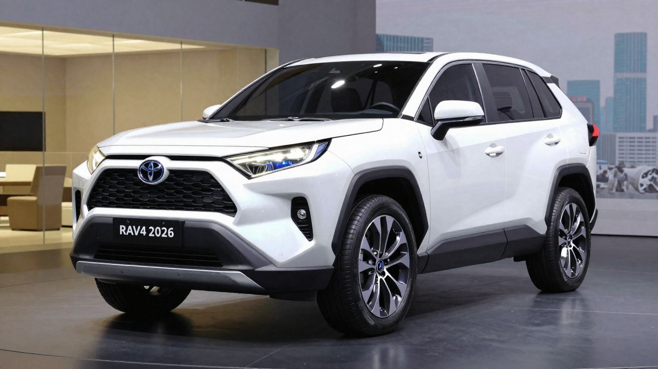 Carro Toyota RAV4 2026 branco estacionado em ambiente interior moderno com chão escuro.