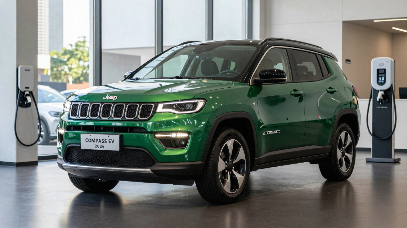 Veículo Jeep Compass EV verde 2026 estacionado numa garagem com estações de carregamento elétrico.