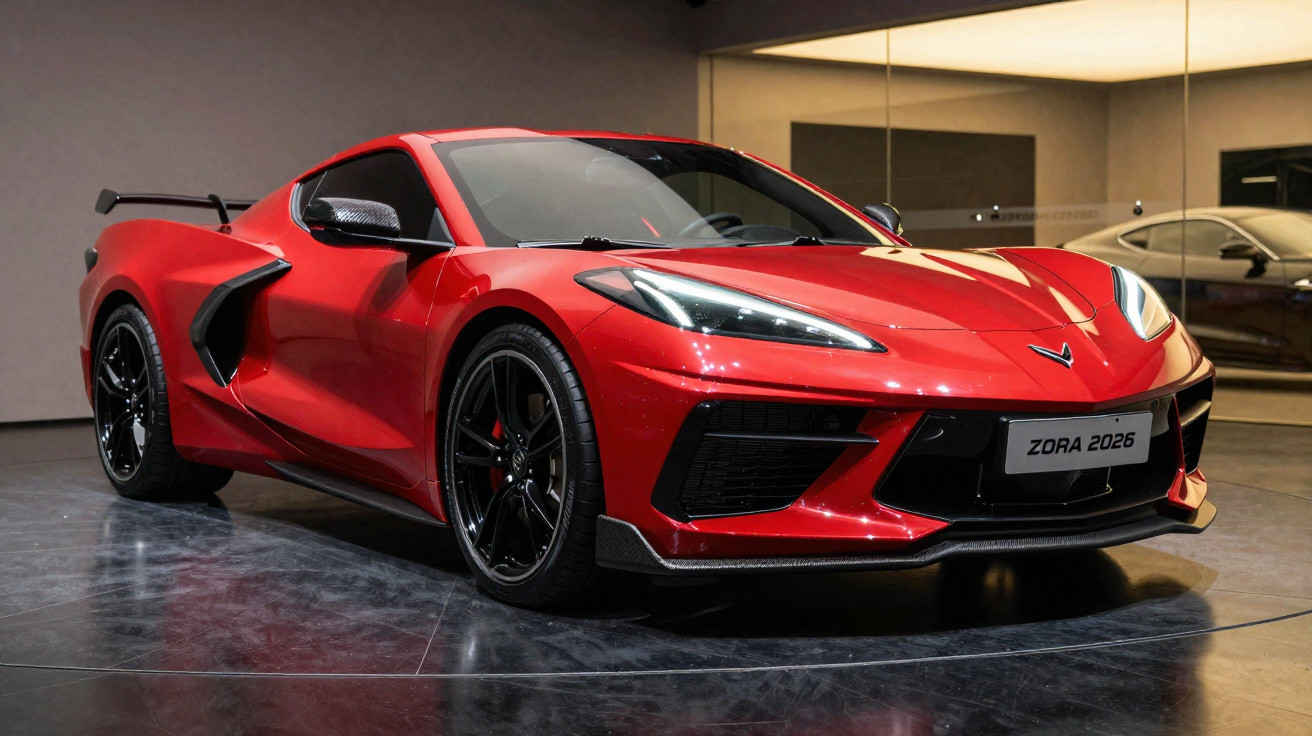 Carro desportivo vermelho Chevrolet Corvette Zora 2026 em exposição interior com chão reflexivo.