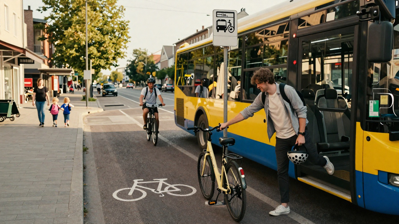 Homem sai de autocarro amarelo e azul com bicicleta numa ciclovia urbana movimentada.