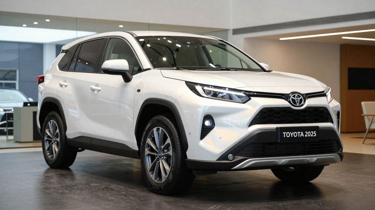 Carro SUV branco Toyota 2025 apresentado em salão com luz natural e acabamento moderno interior.