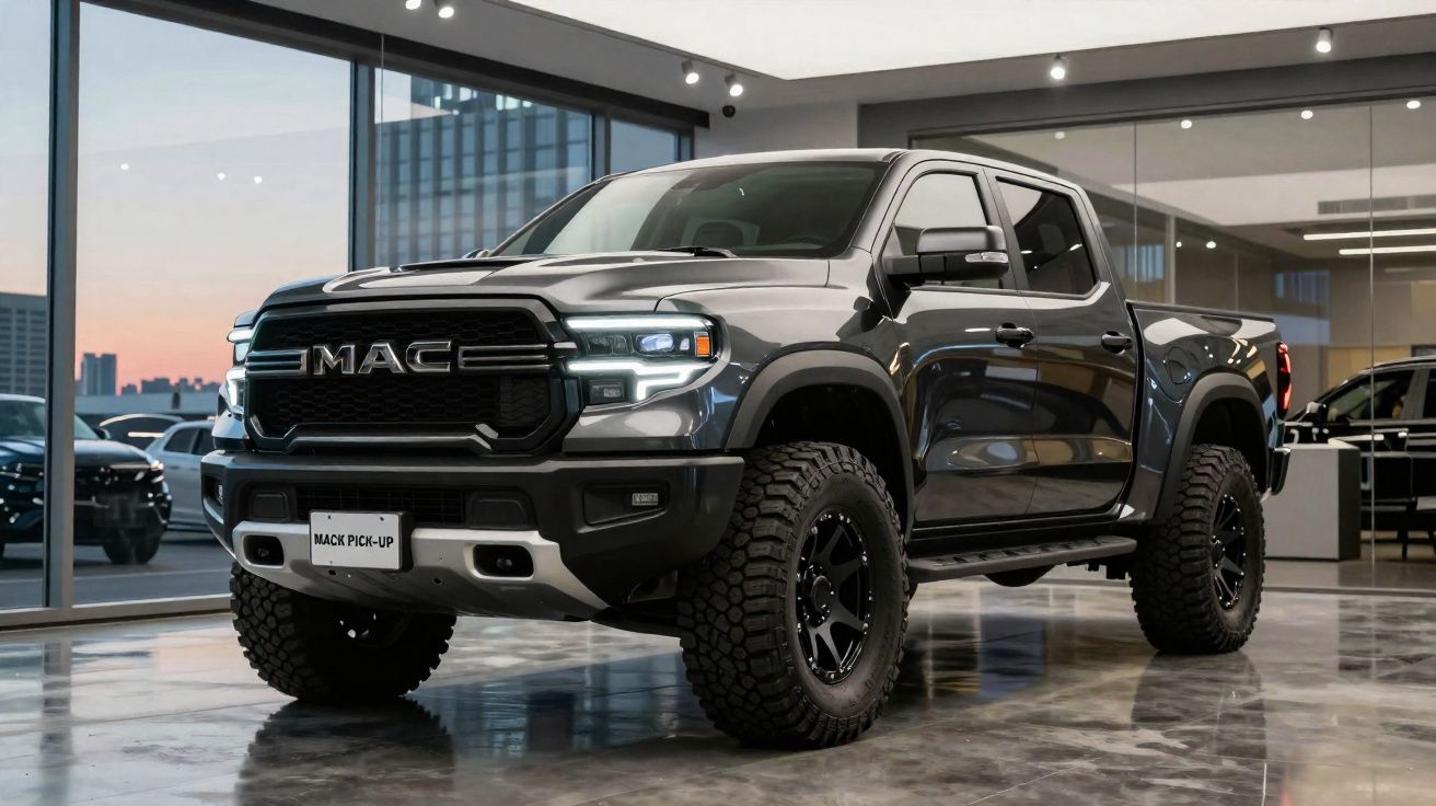 Picape preta Mack Pick-Up em exposição numa sala moderna com chão espelhado e iluminação ambiente.