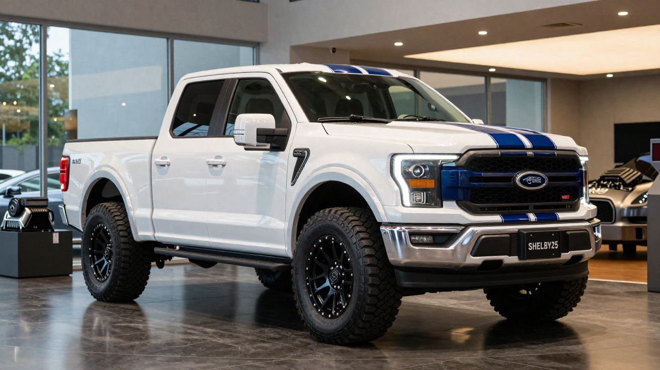 Pick-up branca Ford Shelby F-150 com faixas azuis exposta em show de automóveis.