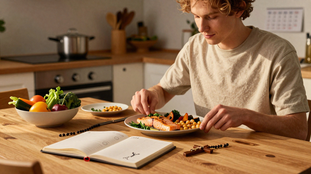 Jovem a rezar antes de comer refeição saudável com salmão e legumes numa cozinha acolhedora.