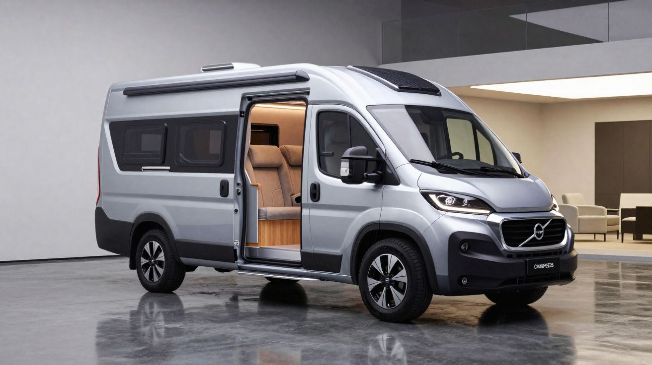 Caravana moderna cinza com porta lateral aberta, interior iluminado e assentos castanhos, em espaço interior minimalista.
