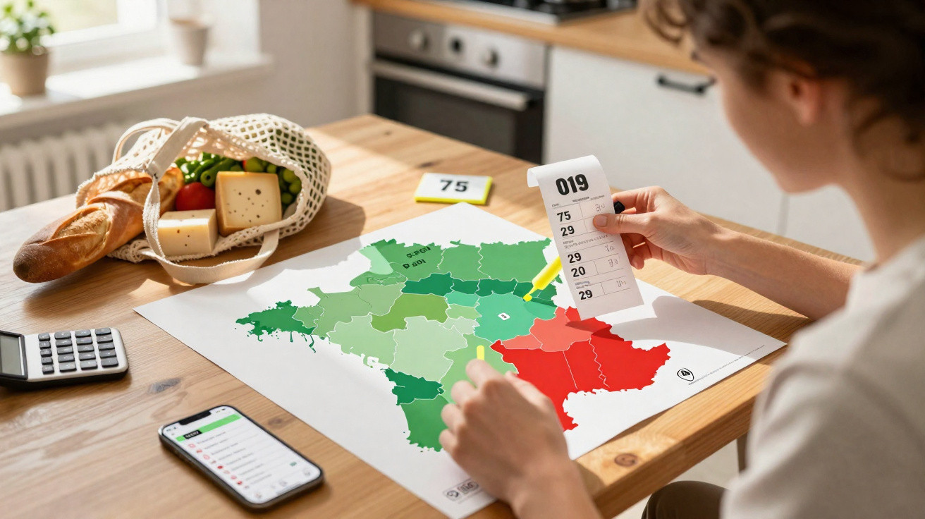Pessoa a analisar mapa colorido de França numa mesa com alimentos, calculadora e telemóvel.
