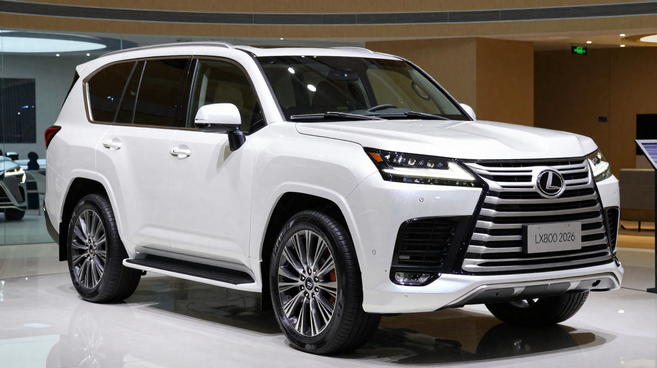 SUV Lexus LX 800 branco 2026 em exposição, vista frontal direita.