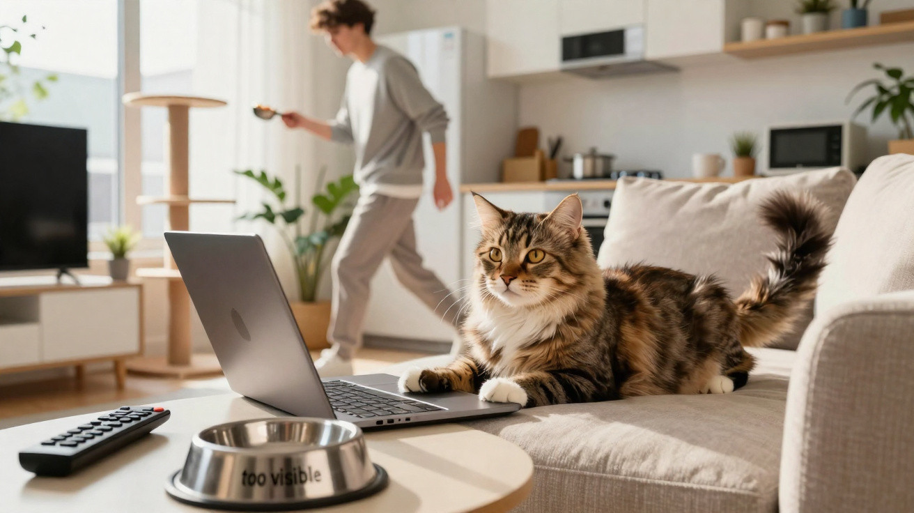 Gato deitado no sofá com um computador portátil aberto à sua frente em sala de estar moderna.