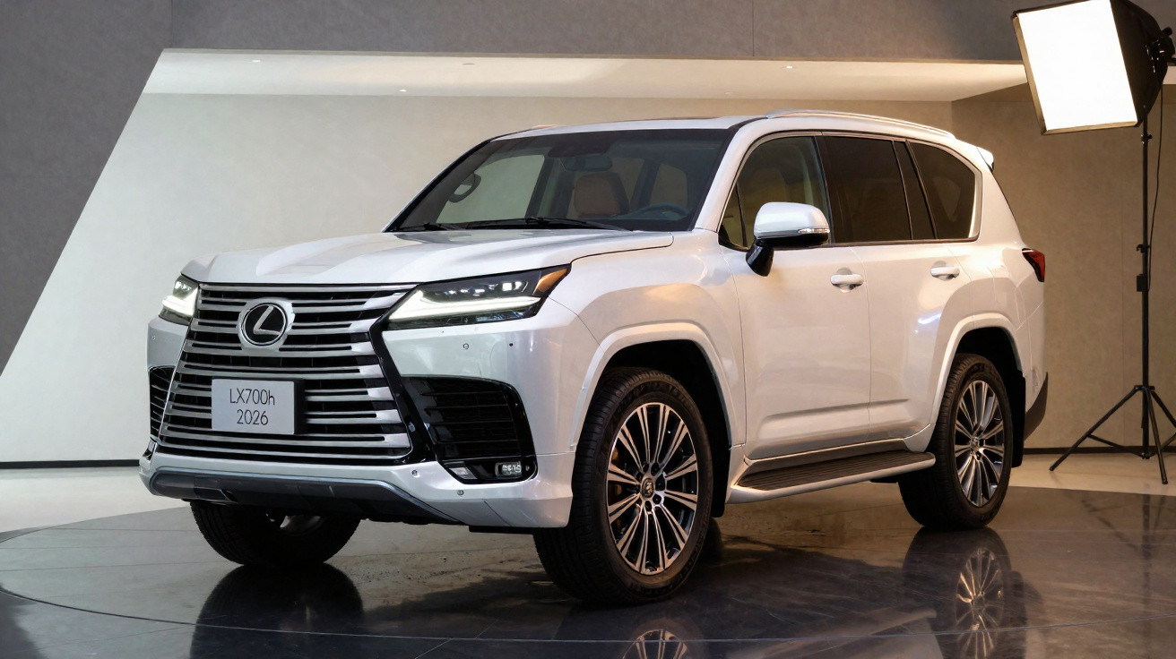 Lexus LX700h branco, SUV de luxo 2026, apresentado em estúdio com iluminação profissional.