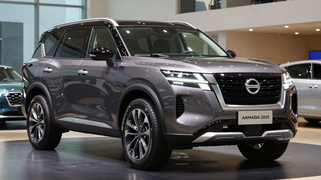 SUV Nissan Armada 2025 cinza exibido numa sala de exposição automóvel moderna.
