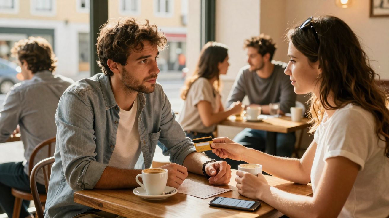 Casal sentado num café, mulher entrega cartão de crédito ao homem enquanto conversam e tomam café.