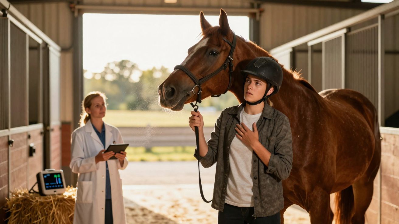 Jovem com capacete ao lado de cavalo castanho numa cocheira, com veterinária a observar e anotar dados.