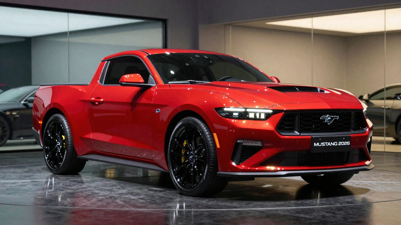 Pickup Ford Mustang 2025 vermelha estacionada em interior com rodas pretas e detalhe frontal destacado.
