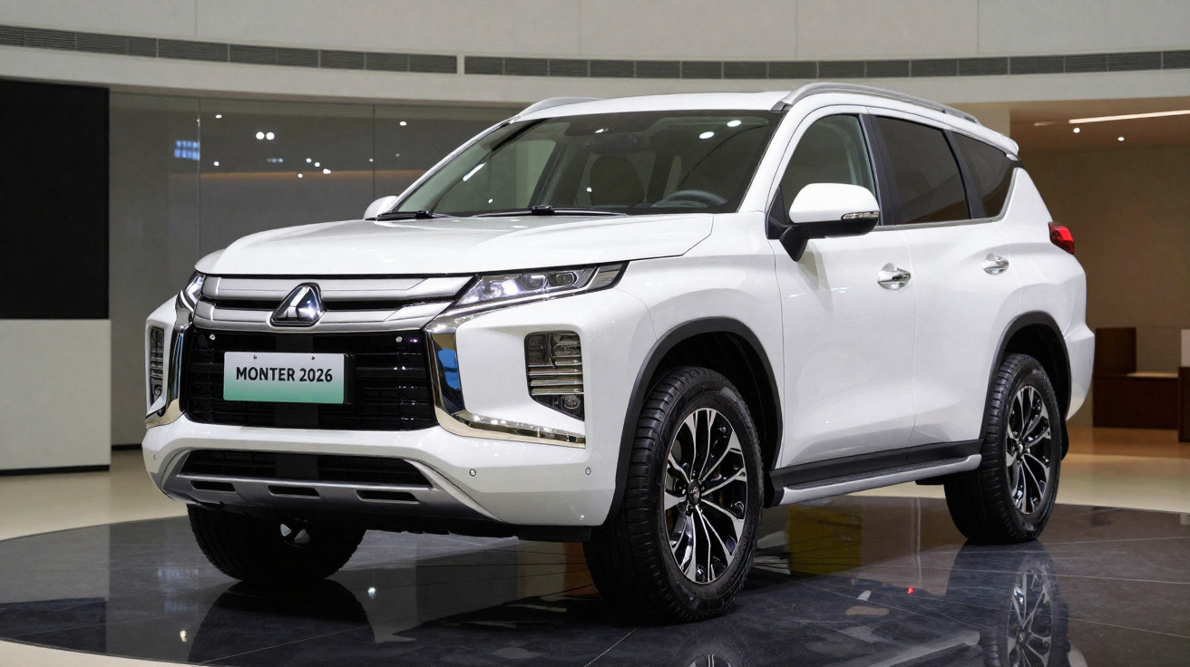 SUV branco Mitsubishi Montero 2026 estacionado num espaço interior moderno.