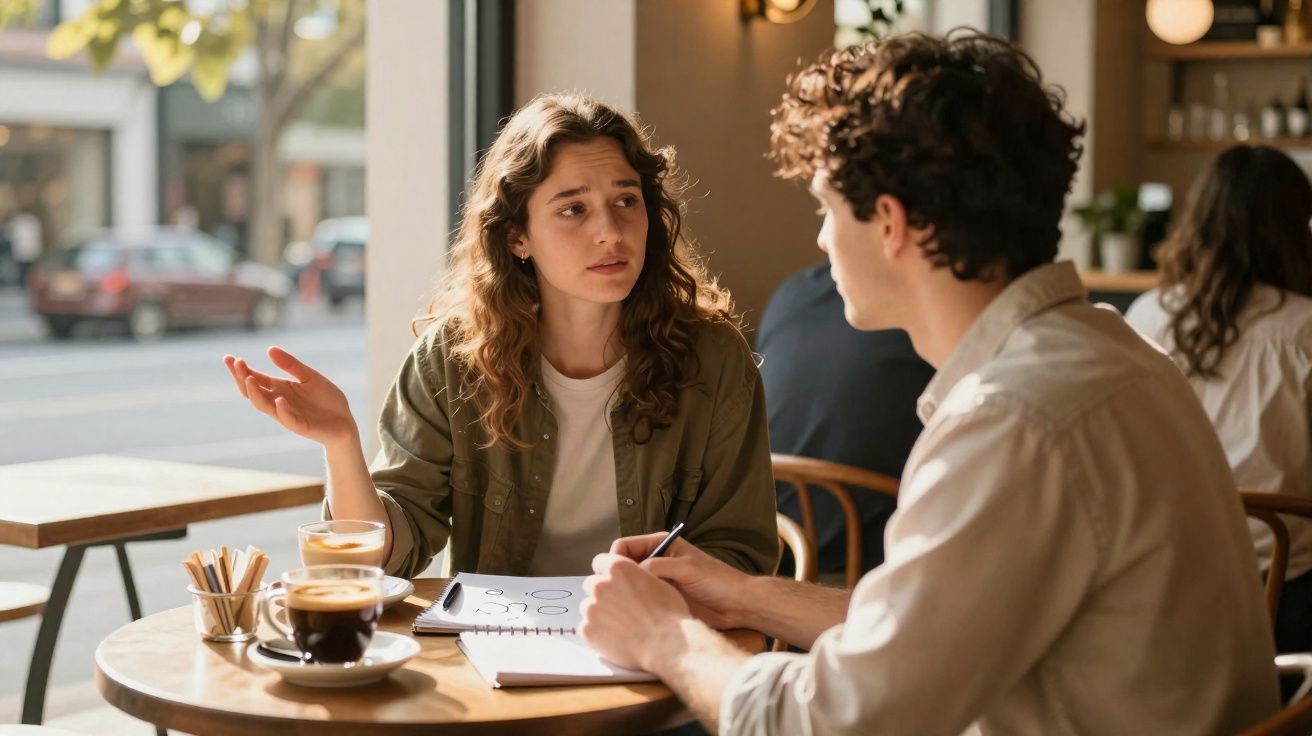 Duas pessoas sentadas numa cafetaria, discutindo anotações num caderno aberto à sua frente.