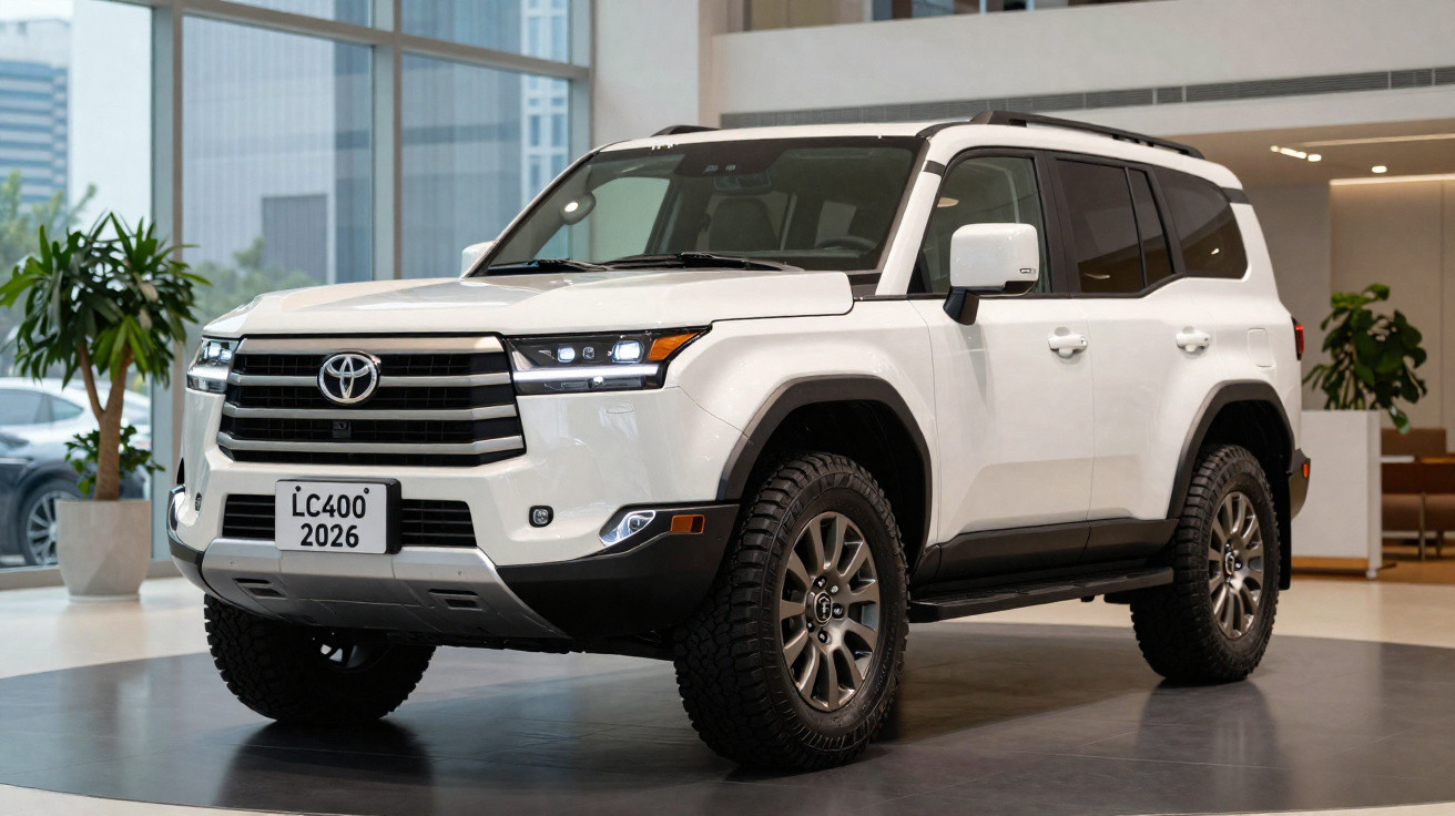 Toyota Land Cruiser branco estacionado em espaço interior com janelas de vidro grande.
