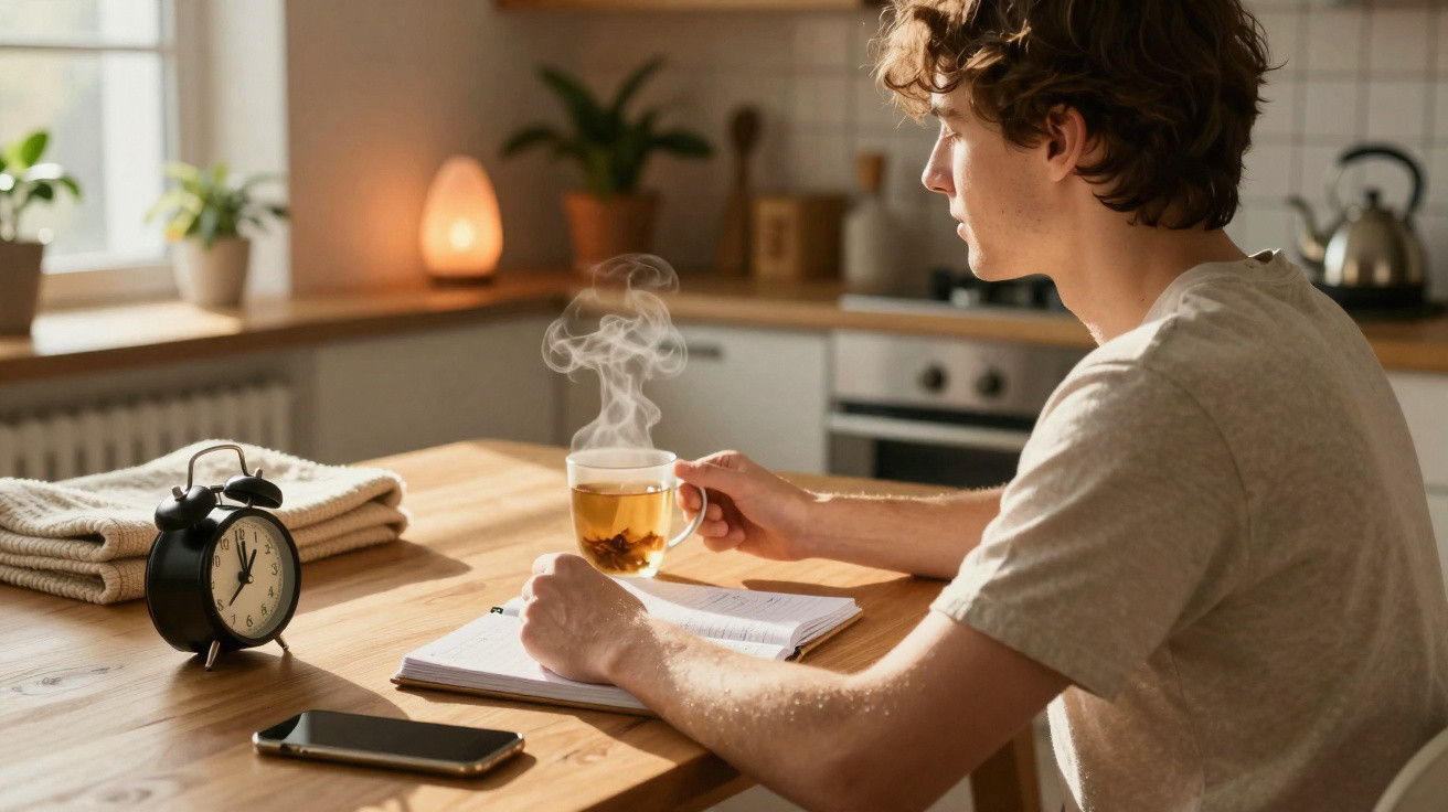 Jovem sentado numa cozinha, a beber chá quente e a ler um livro numa mesa de madeira.