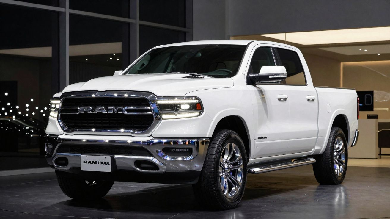 Picape branca RAM 1500L em exibição num salão moderno, com luzes refletindo no chão polido.