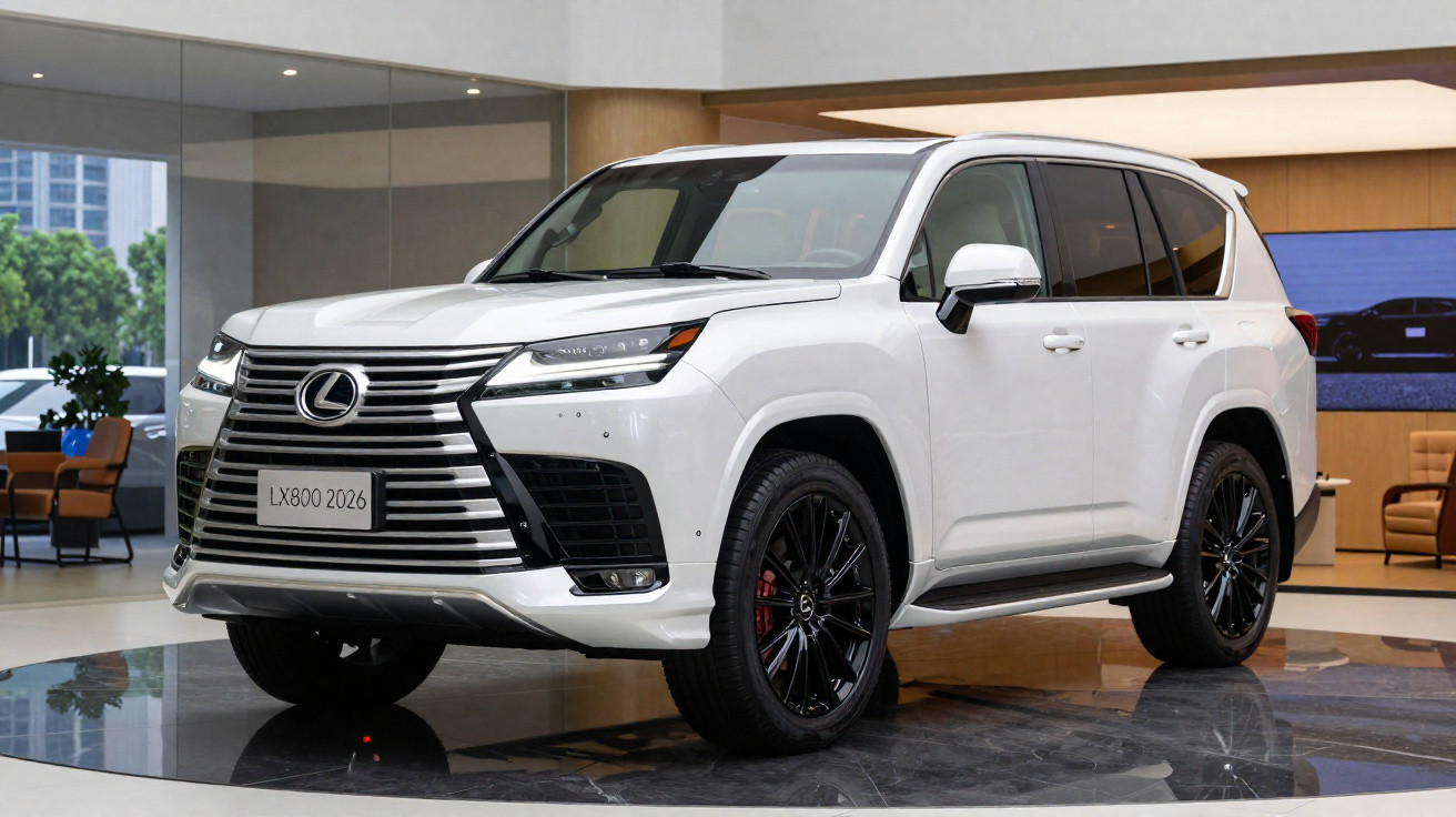 SUV Lexus LX800 2026 branco em exposição num showroom moderno.