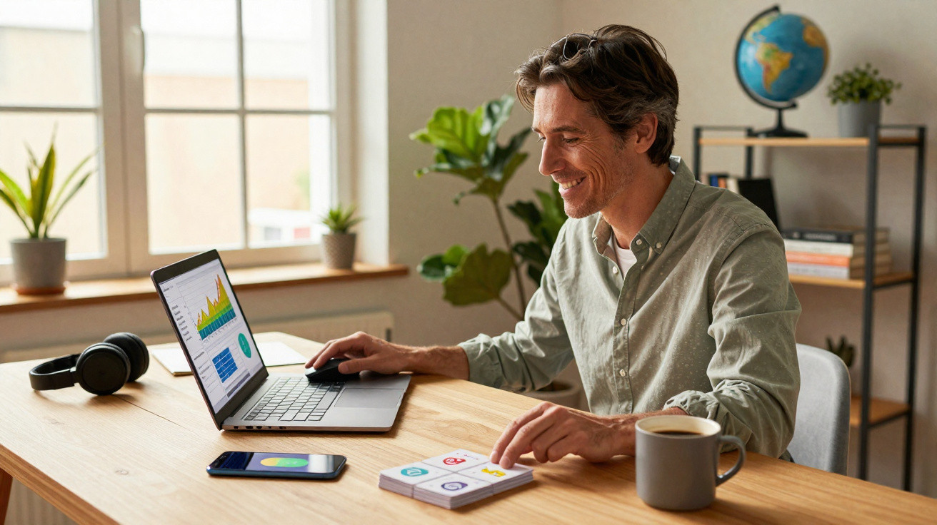 Homem sorridente a trabalhar num laptop, com gráficos na tela, num escritório luminoso e moderno.