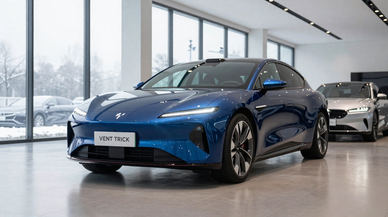 Carro elétrico azul modelo Vent Trick exposto em salão moderno com janelas grandes e chão cinzento.