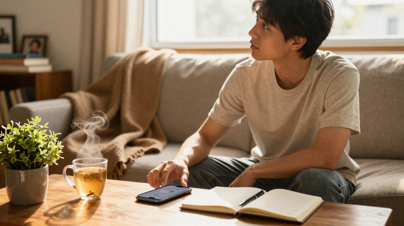 Jovem sentado no sofá com chá quente, telemóvel e caderno numa mesa de madeira à frente.