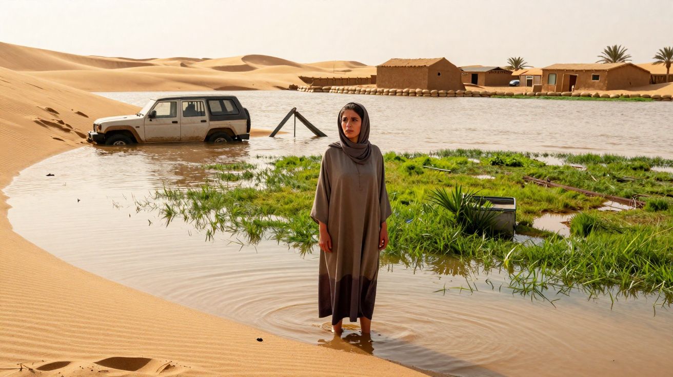 Mulher de pé na água em deserto inundado com carro e casas de barro ao fundo.