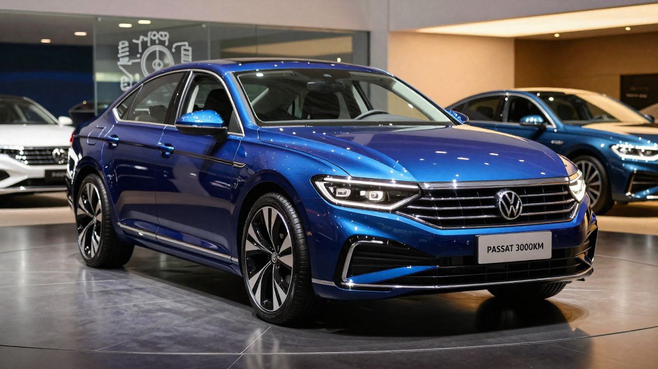 Carro Volkswagen Passat azul em exposição numa sala com outros veículos visíveis ao fundo.