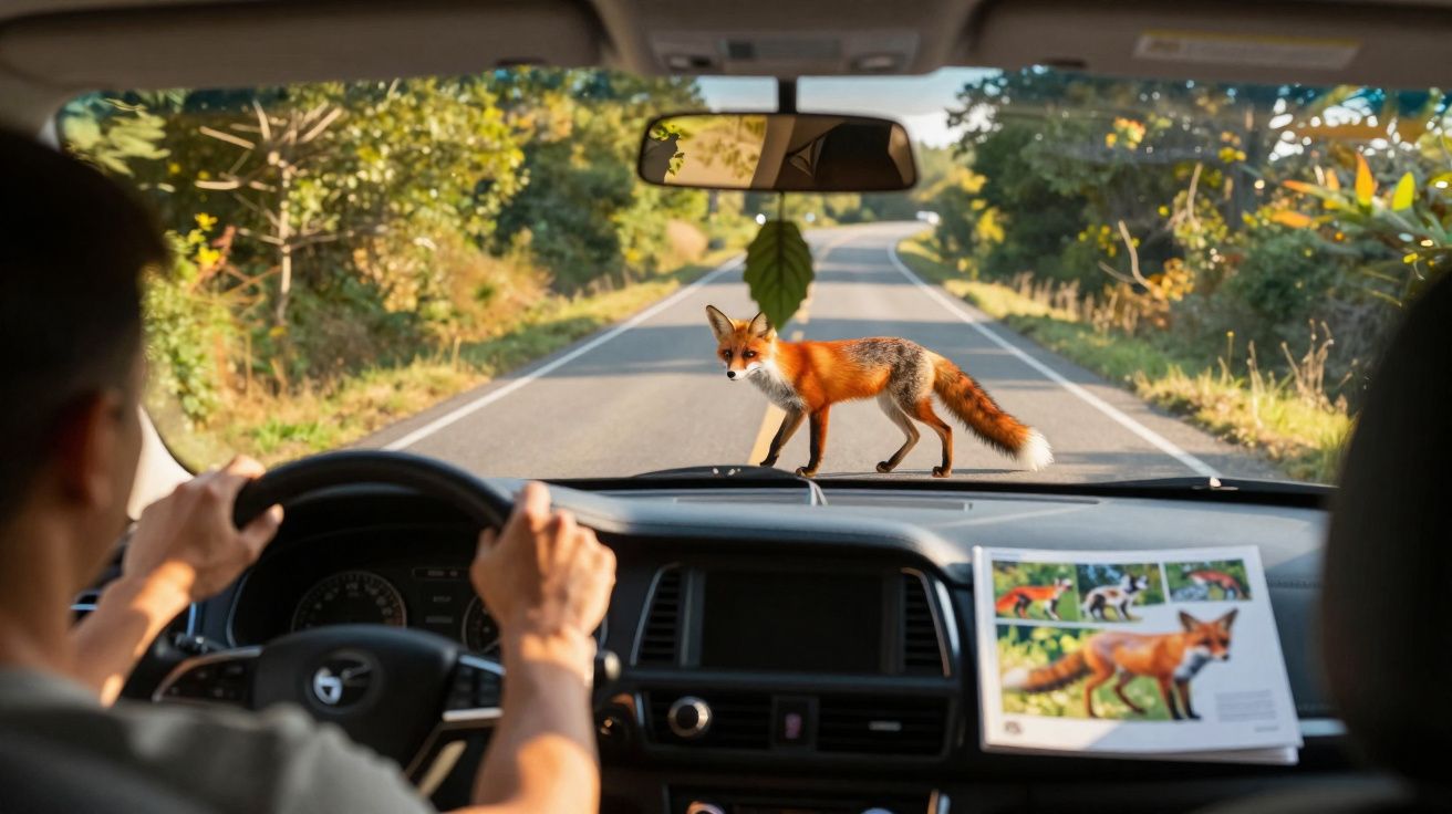 Raposa atravessa estrada vista do interior de um carro com condutor atento ao animal.