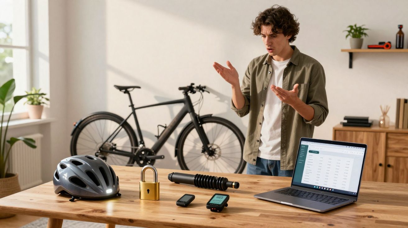 Homem de braços levantados junto à mesa com capacete, cadeado, dispositivo eletrónico, bicicleta e computador portátil.