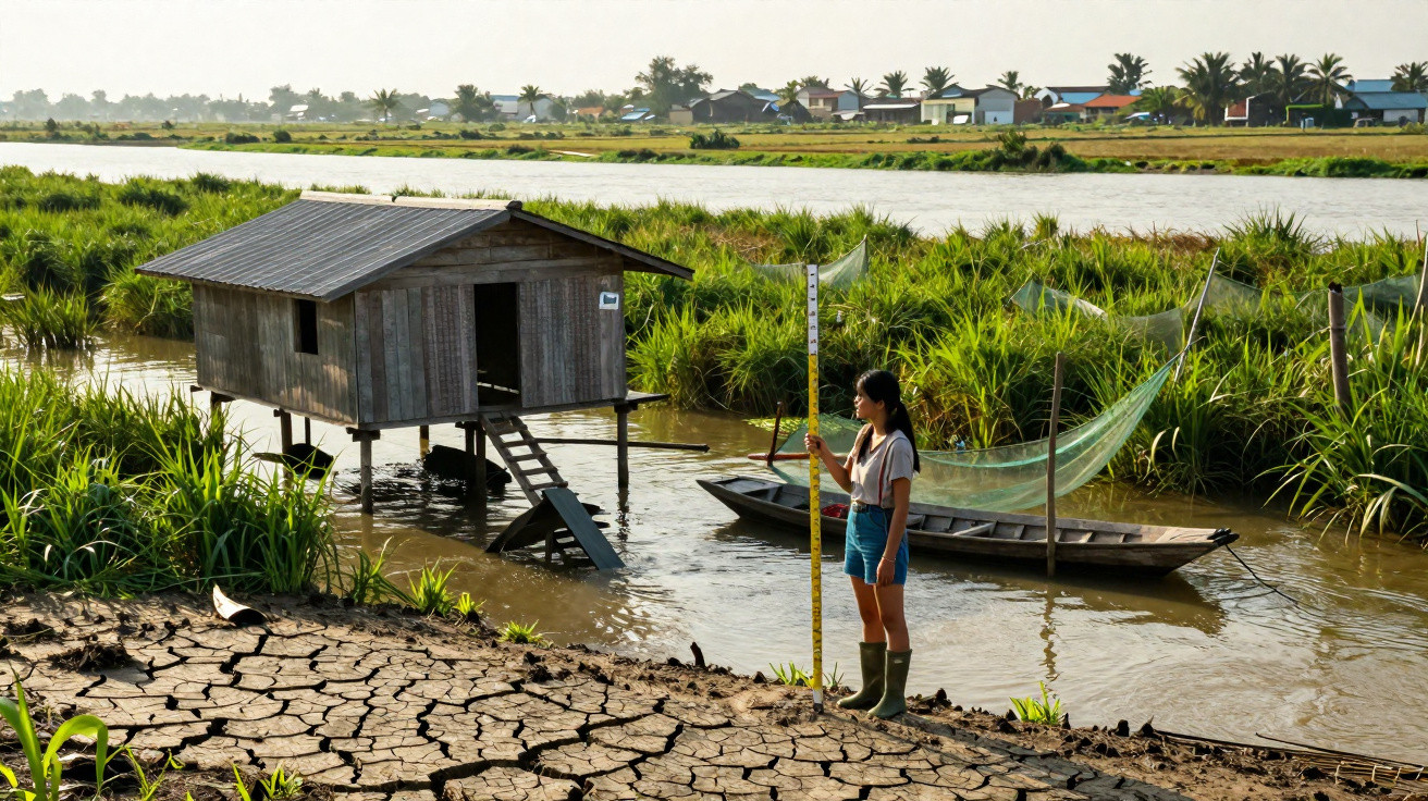 Mulher com botas mede nível de água junto a casa elevada e barco num rio, com vegetação e terra seca ao redor.