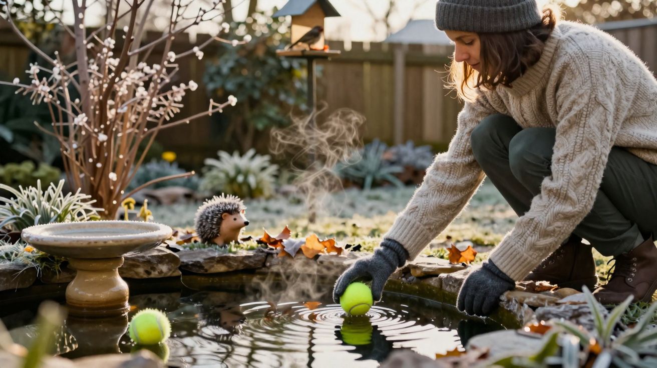 Mulher de gorro e suéter a colocar bola de ténis num lago pequeno num jardim com plantas e folhas secas.