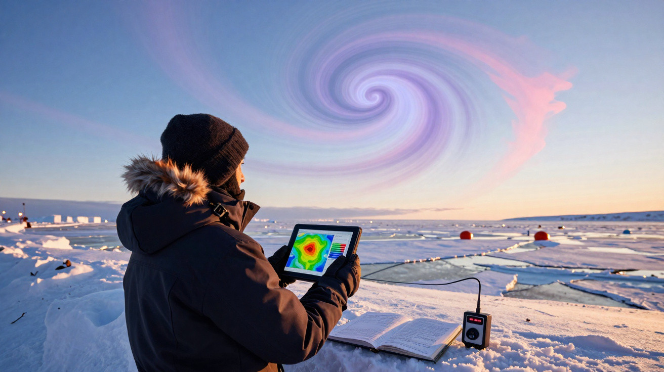Pessoa com roupa de inverno usa tablet para monitorizar fenômenos meteorológicos no gelo, céu com redemoinho colorido.