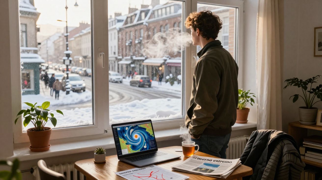 Homem observa pela janela a cidade nevada enquanto fuma, com computador e chá na mesa.