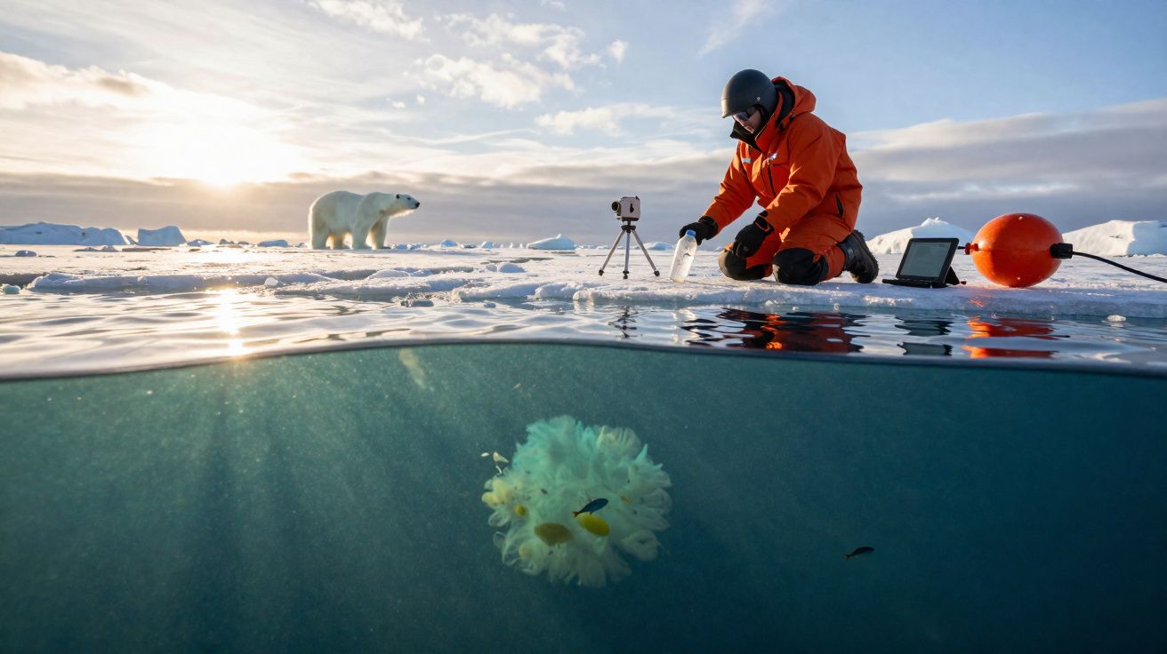 Cientista em gelo Ártico recolhe amostra de água enquanto urso polar observa, com a vida marinha visível debaixo de água.