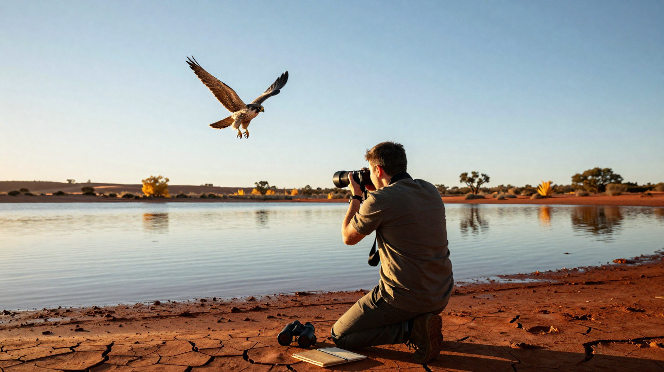 Fotógrafo sentado na margem de rio a tirar foto a águia voando ao pôr do sol.