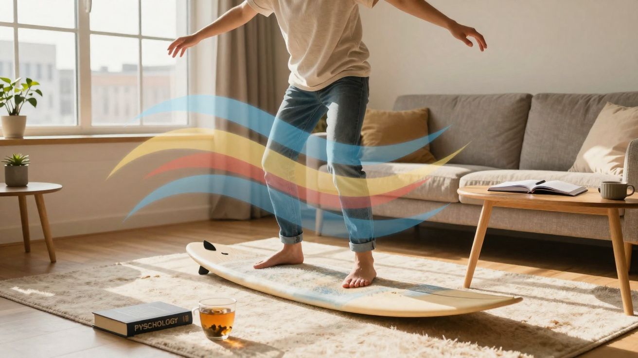 Pessoa a fazer surf em prancha dentro de casa com efeito de ondas coloridas em fundo de sala iluminada.