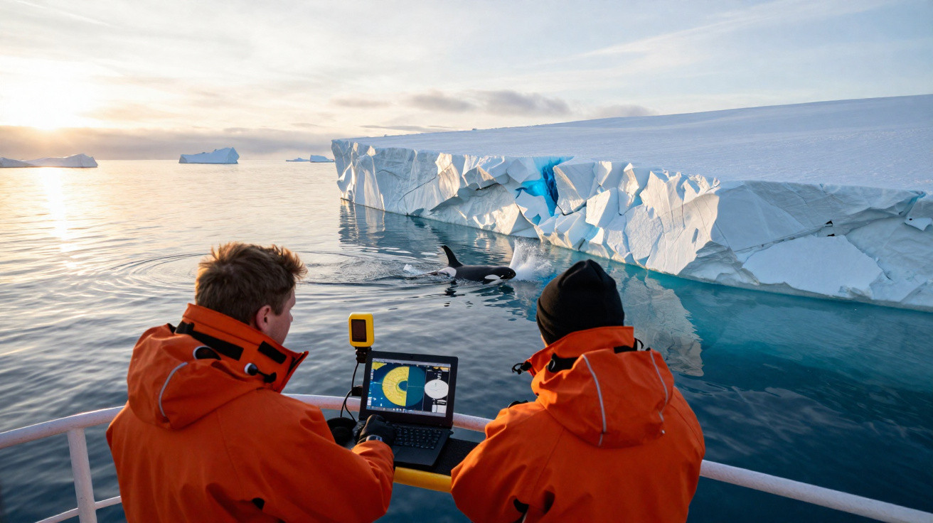 Dois investigadores em casacos laranja observam uma orca perto de um icebergue no mar gelado.