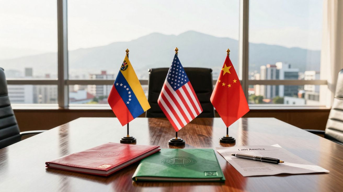 Três bandeiras de mesa da Venezuela, Estados Unidos e China com documentos e caneta num escritório iluminado.