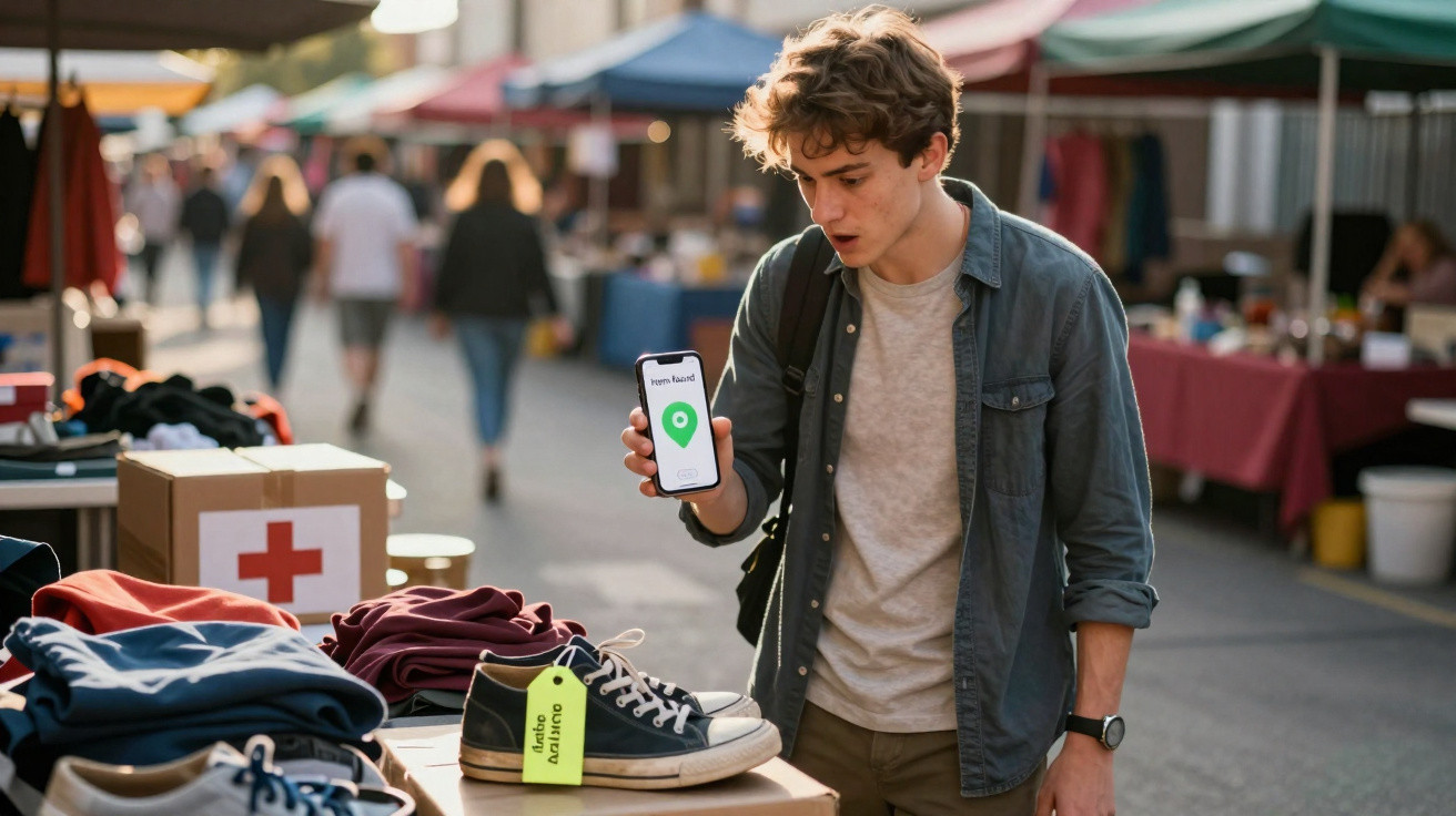 Jovem num mercado ao ar livre mostra smartphone com localização perto enquanto olha para sapatilhas à venda.