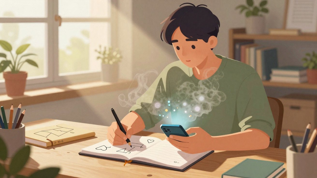 Jovem sentado a desenhar num caderno enquanto olha para o telemóvel numa sala iluminada.