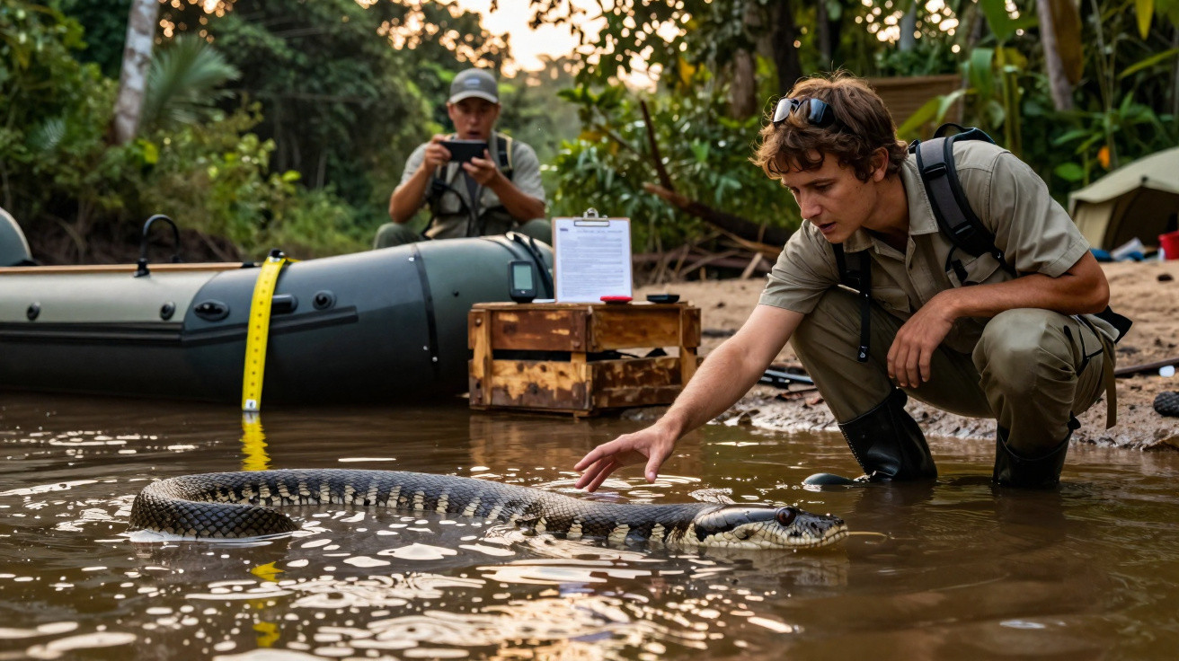 Homem toca numa cobra gigante na água junto a outro que tira fotos num ambiente de selva.
