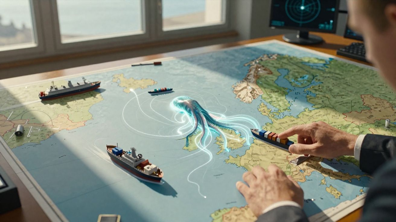 Homem a mover navios em mapa, com imagem holográfica de polvo gigante a surgir sobre o mar.