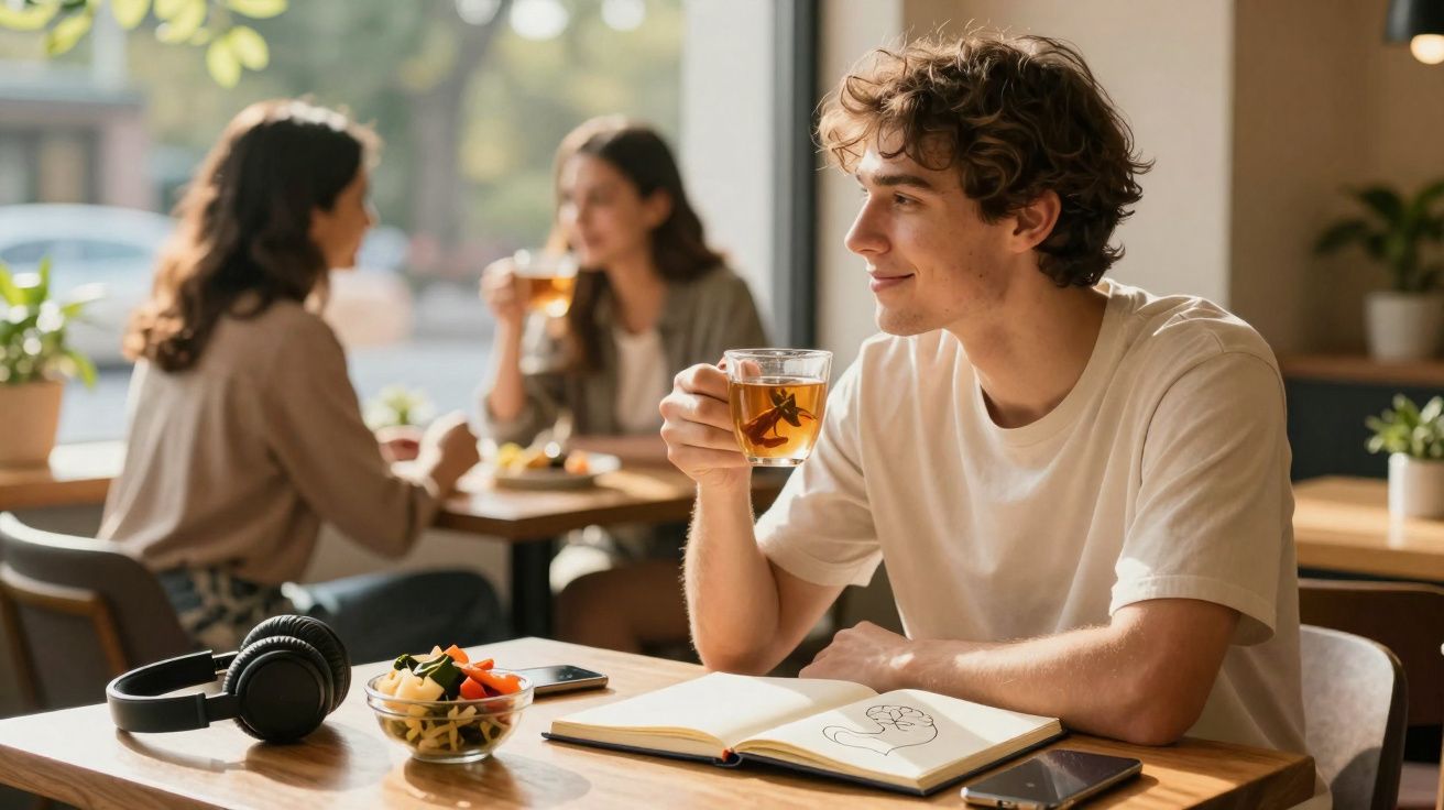 Jovem sentado numa cafetaria a beber chá, com caderno à frente, enquanto duas pessoas conversam ao fundo.