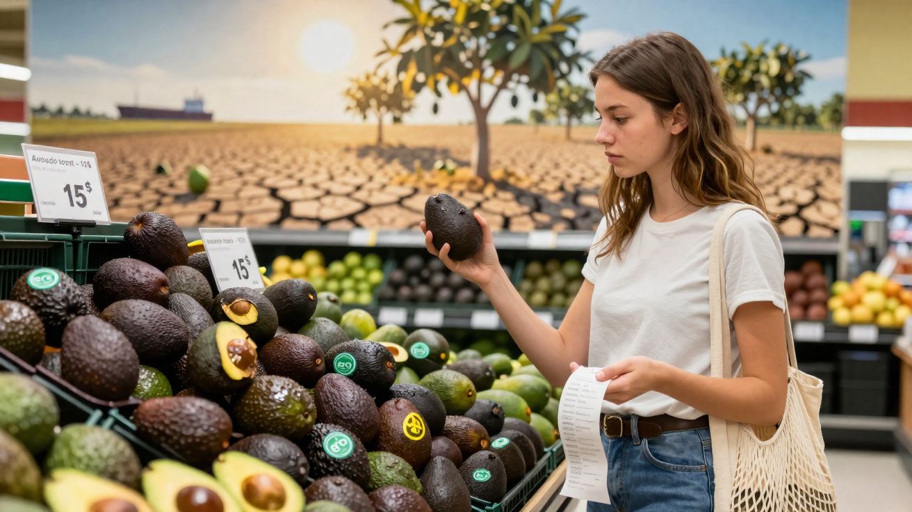 Mulher a escolher abacate num supermercado, segurando lista de compras e tote bag.