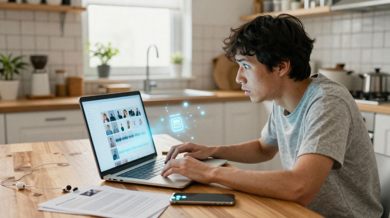 Jovem sentado à mesa a usar computador portátil num ambiente de cozinha moderna.