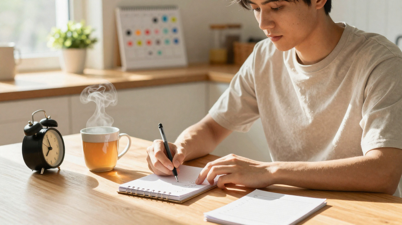 Jovem sentado à mesa a escrever numa agenda, com chá quente e relógio despertador na cozinha iluminada.